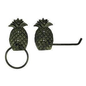 Antique Brass Finish Cast Iron Pineapple Towel and Tissue Holder Wall Decor Set